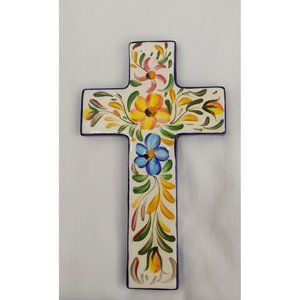 Vintage Ceramic Wall Cros Floral Hand painted multicolor 11'x 7"